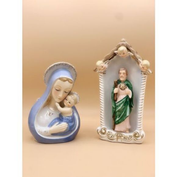 Vintage Virgin Mary Jesus Ceramic Planter Head And St Francis with Angels - Picture 1 of 11